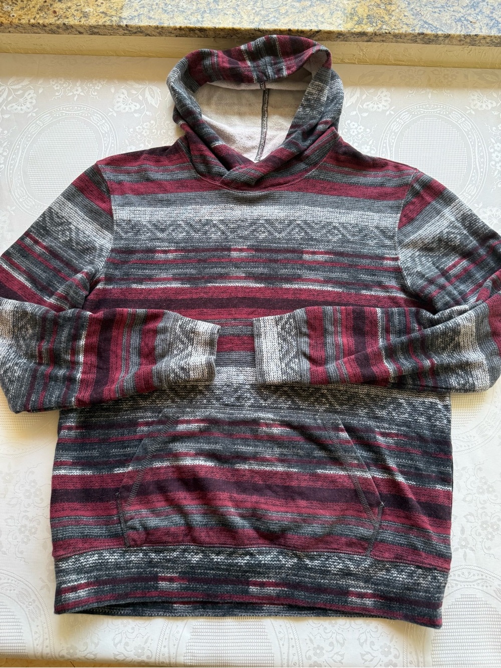 On The Byas Aztec Men's Size M Striped Hooded Pullover Sweatshirt Gray/Burgundy
